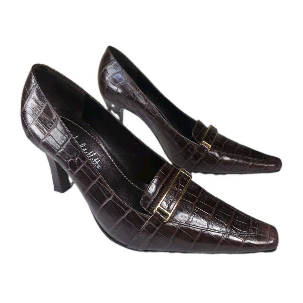 Vintage Alexandra Bartlett Brown Croc Leather Square Toe Pumps Size 7.5M Brazil